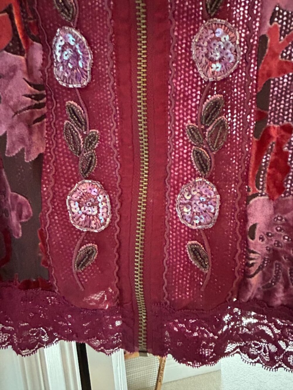 Burgundy Burn Out Velvet Lace Embellished Zip Cardigan Jacket Sz S | Fall 2026 - Picture 3 of 5